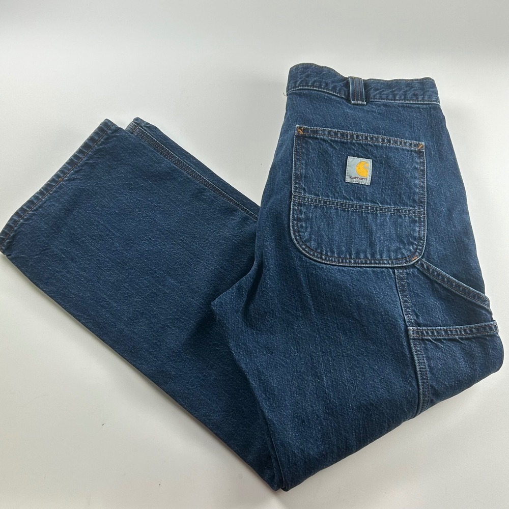 Carhartt Men's 32x28 Loose Straight Carpenter Jeans Blue Dark Wash Denim Utility